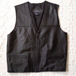 Great Northwest Black Leather Vest Zip Up V Neck Pockets Buckle Waist Large Men